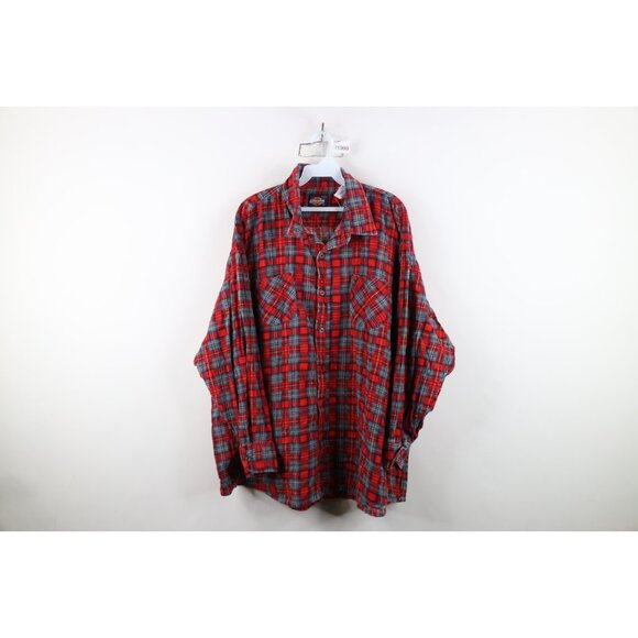 Vintage 70s Dickies Mens 4XL Faded Double Pocket Flannel Button Shirt Red Plaid - Picture 1 of 11